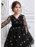 Long Sleeves Black Gold Star Tulle V Back Wedding Flower Girl Dress